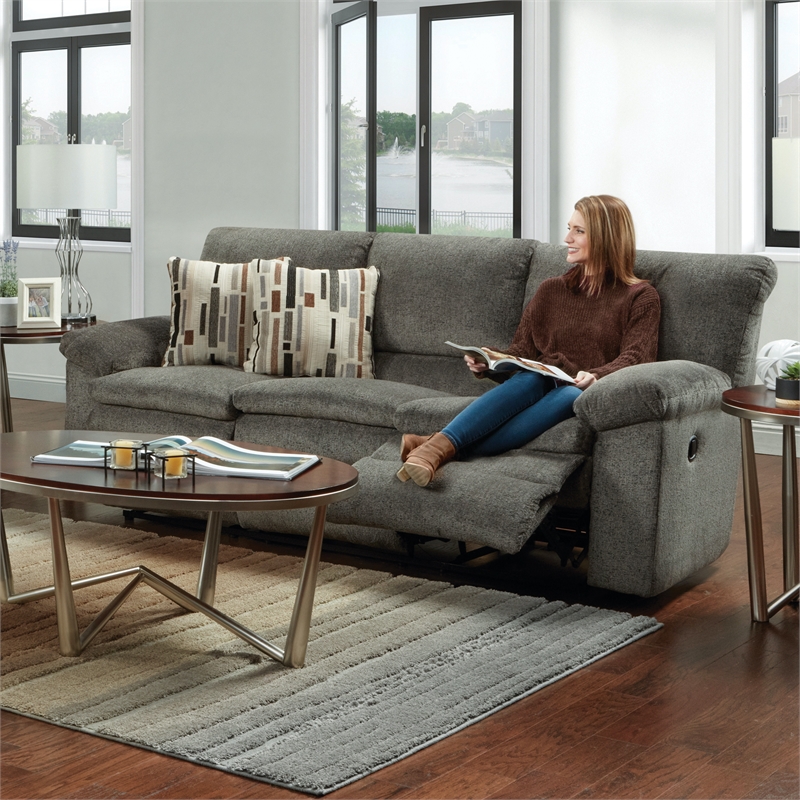 Bowery Hill Dual Reclining Sofa in Soft Charcoal Gray Polyester Fabric