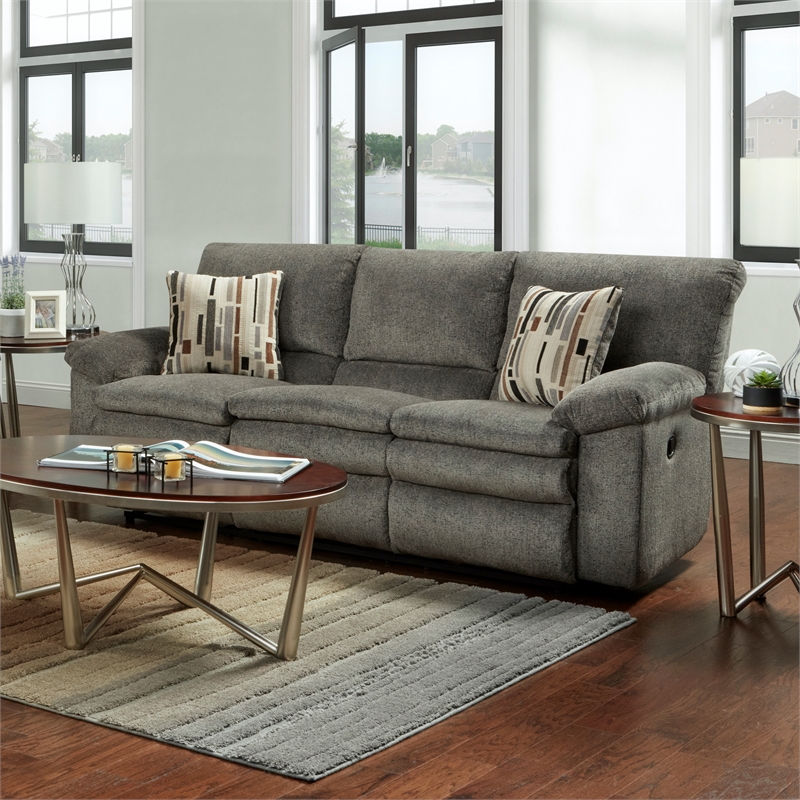 Bowery Hill Dual Reclining Sofa in Soft Charcoal Gray Polyester Fabric