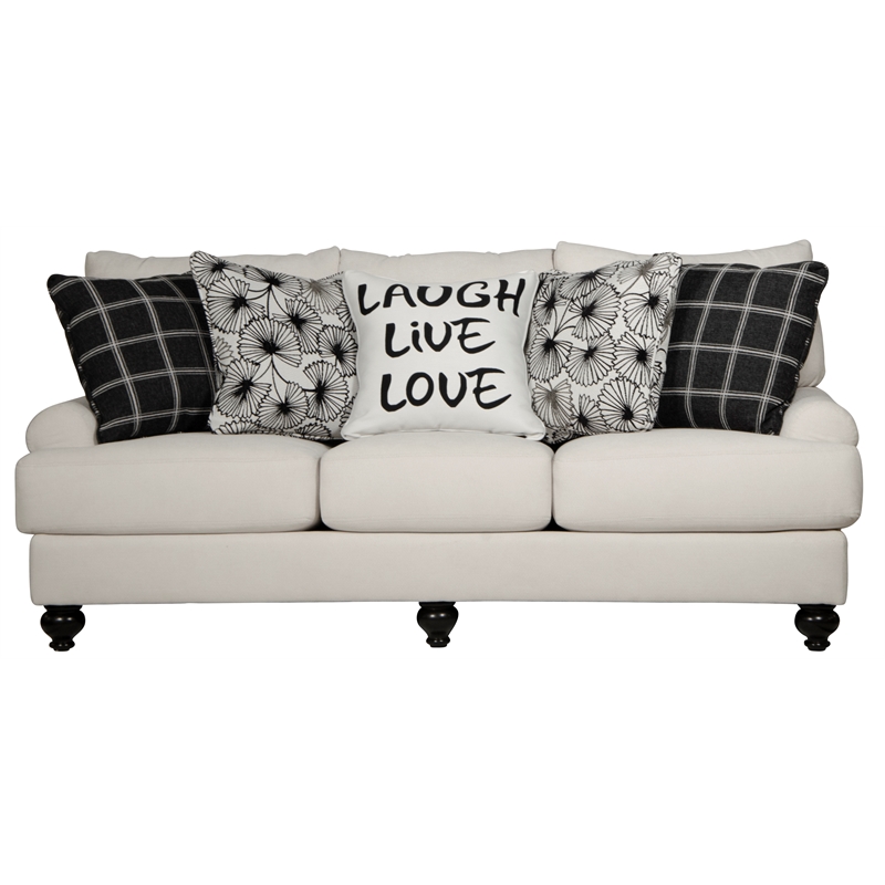 Bowery Hill 3 Seat Sofa in Plush Ecru Off White Fabric with Accent Pillows