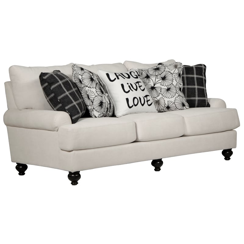 Bowery Hill 3 Seat Sofa in Plush Ecru Off White Fabric with Accent Pillows