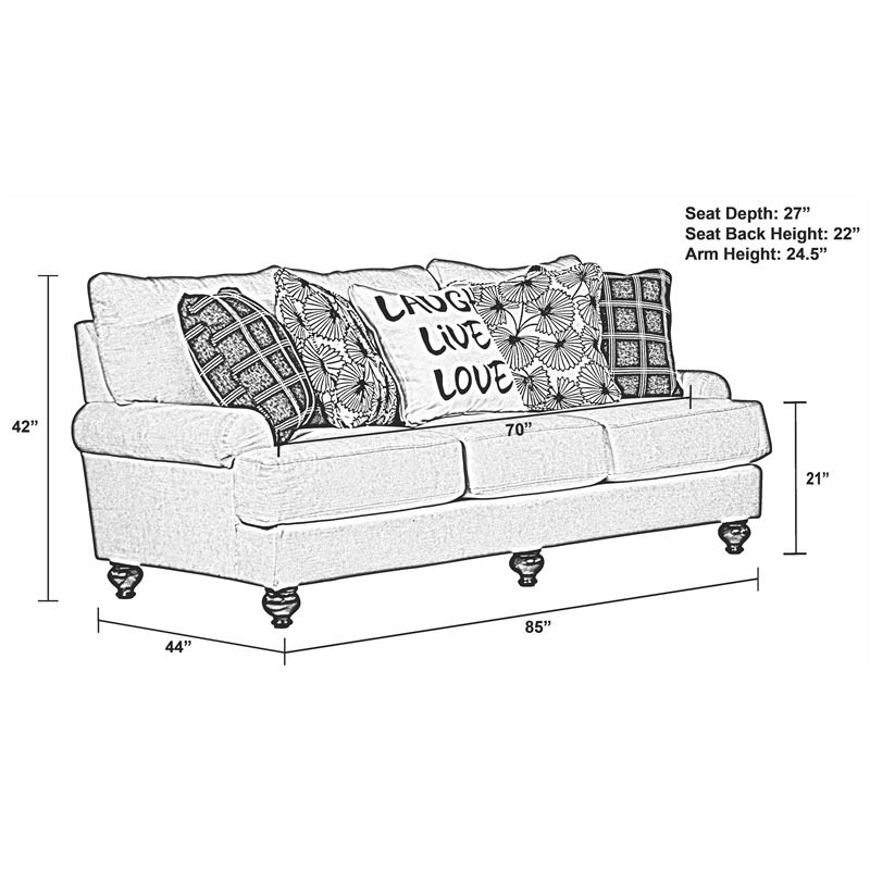 Bowery Hill 3 Seat Sofa in Plush Ecru Off White Fabric with Accent Pillows