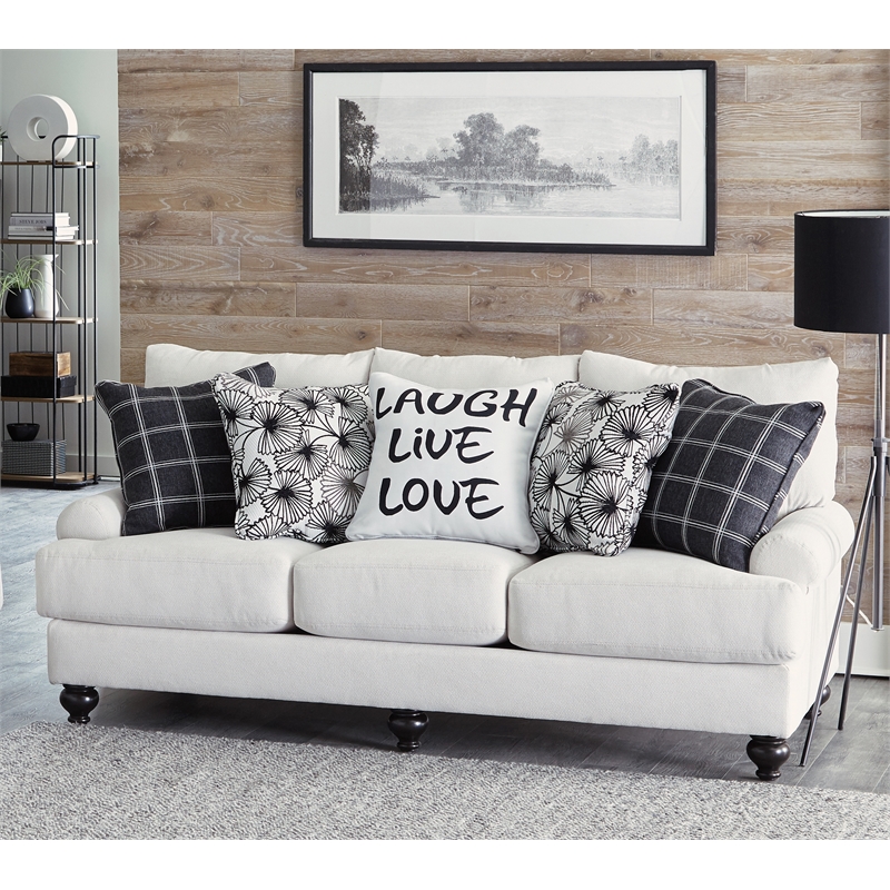 Bowery Hill 3 Seat Sofa in Plush Ecru Off White Fabric with Accent Pillows