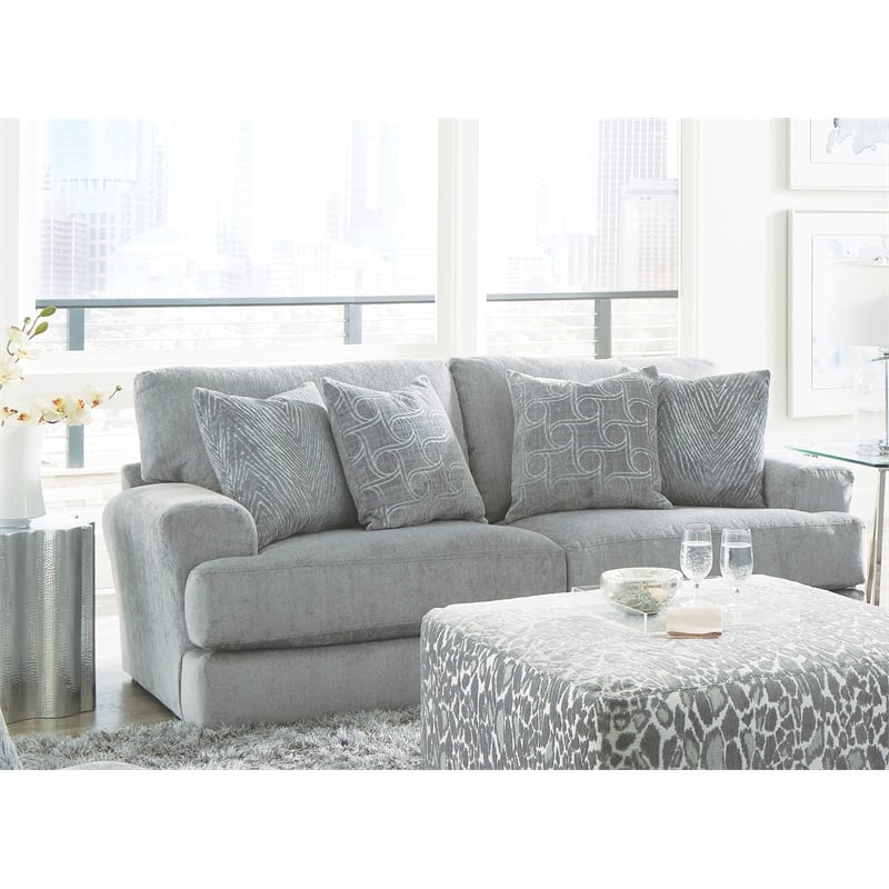 Bowery Hill Two Seat Sofa with Cuddler Cushions in Gray Polyester Fabric