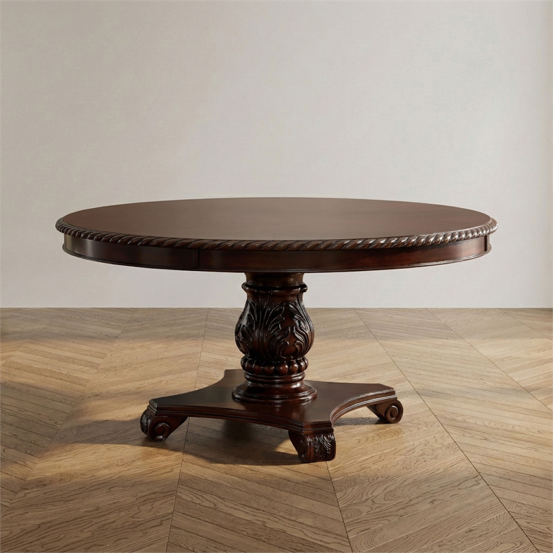 Bowery Hill Traditional Wood Pedestal Dining Table in Brown Cherry