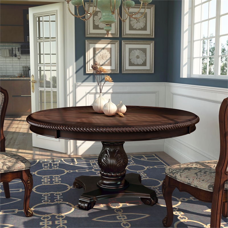 Bowery Hill Traditional Wood Pedestal Dining Table in Brown Cherry
