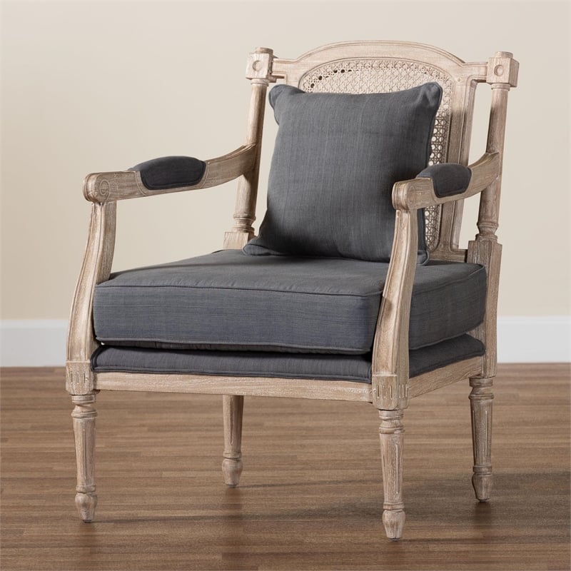Bowery Hill Modern Gray Fabric Whitewashed Mahogany Wood Armchair