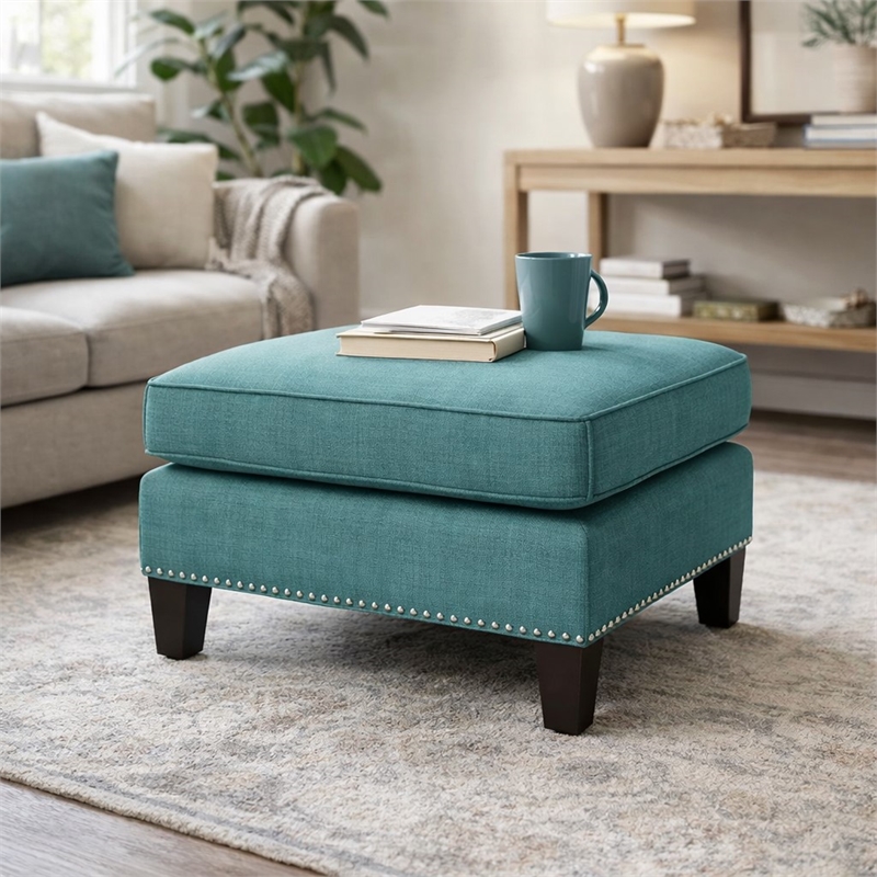 Bowery Hill Contemporary Solid Wood Frame Ottoman in Teal