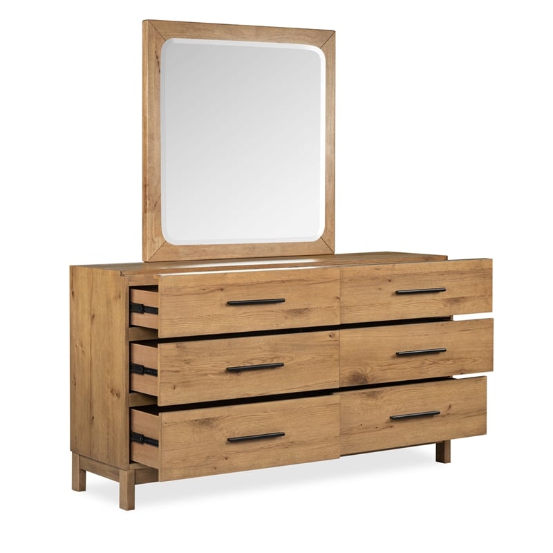 Bowery Hill 6-Drawer Dresser With Portrait Mirror in Rustic Caramel