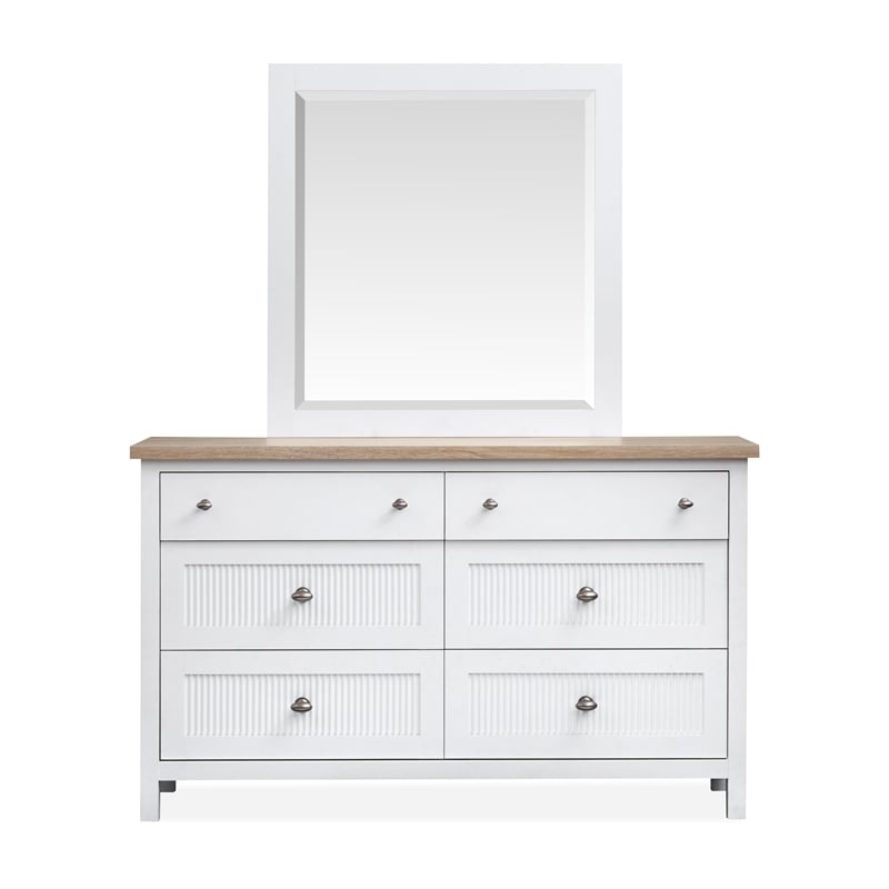 Bowery Hill 6-Drawer Dresser With Portrait Mirror in White Whisp and Sand