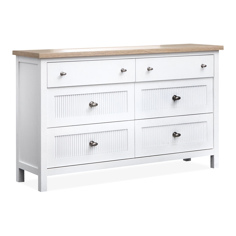 Bowery Hill 6-Drawer Dresser With Portrait Mirror in White Whisp and Sand