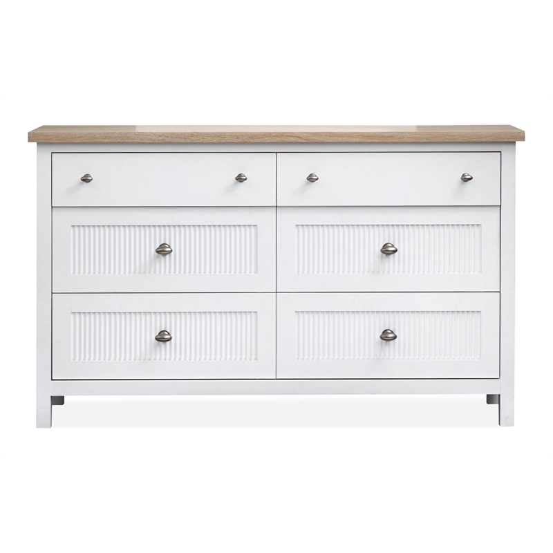 Bowery Hill 6-Drawer Dresser With Portrait Mirror in White Whisp and Sand