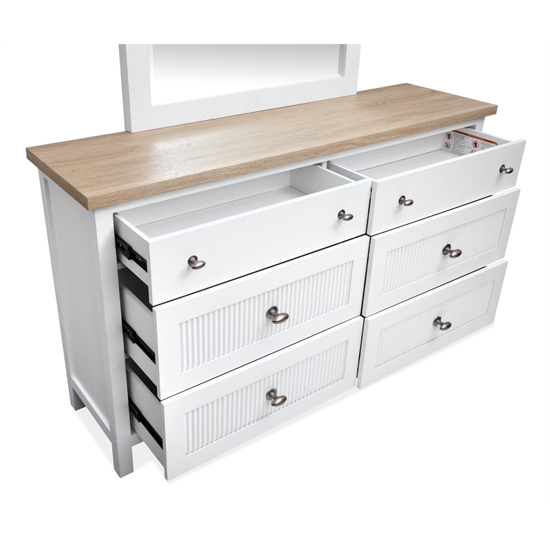 Bowery Hill 6-Drawer Dresser With Portrait Mirror in White Whisp and Sand