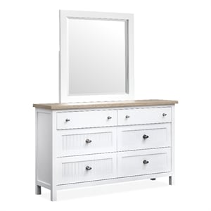 Bowery Hill 6-Drawer Dresser With Portrait Mirror in White Whisp and Sand