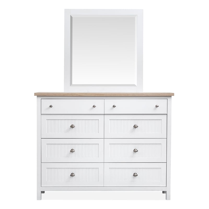 Bowery Hill 8-Drawer Chesser With Portrait Mirror in White Whisp and Sand