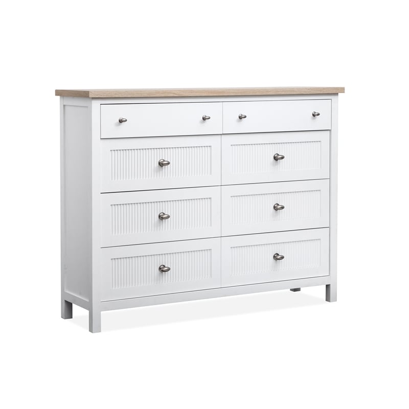 Bowery Hill 8-Drawer Chesser With Portrait Mirror in White Whisp and Sand