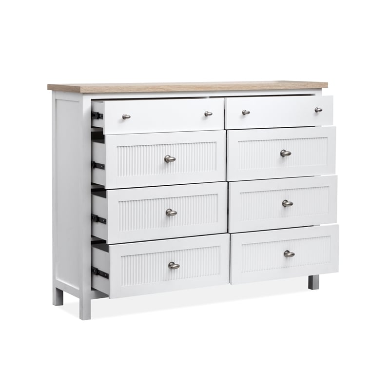 Bowery Hill 8-Drawer Chesser With Portrait Mirror in White Whisp and Sand