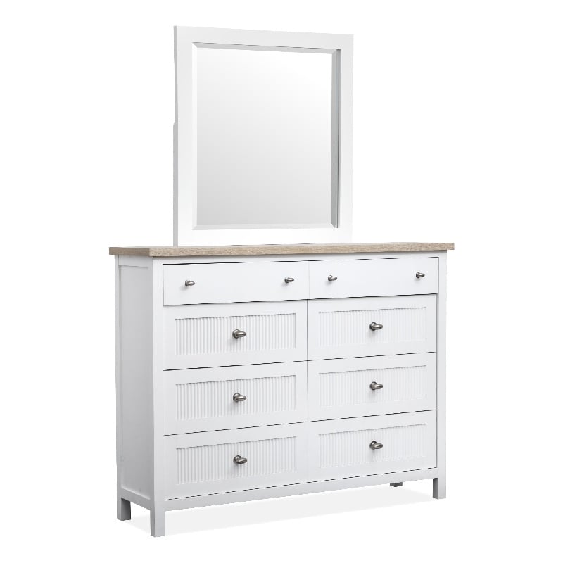 Bowery Hill 8-Drawer Chesser With Portrait Mirror in White Whisp and Sand