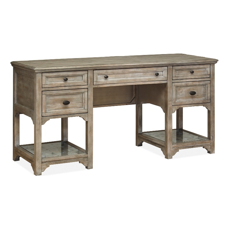 Bowery Hill 4-Drawer Executive Desk With Glass Shelves in Dovetail Grey