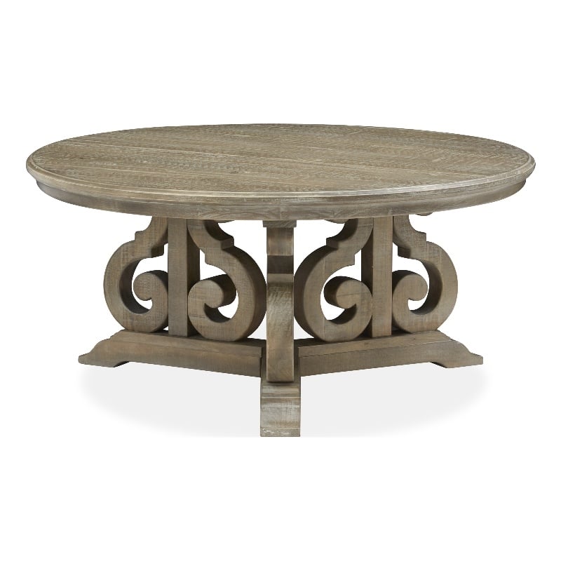 Bowery Hill Round Cocktail Table in Dovetail Grey With Pine Top