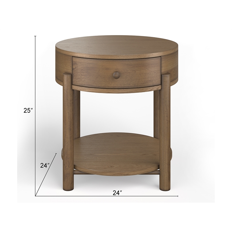 Bowery Hill Contemporary Round End Table With Drawer and Shelf in Honey