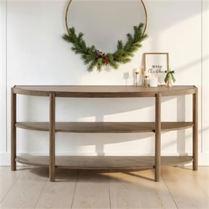 Bowery Hill Contemporary Demilune Sofa Table With Shelves in Honey Oak