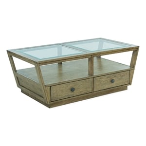 Bowery Hill Glass Top Cocktail Table With Drawers and Casters in Warm Stone