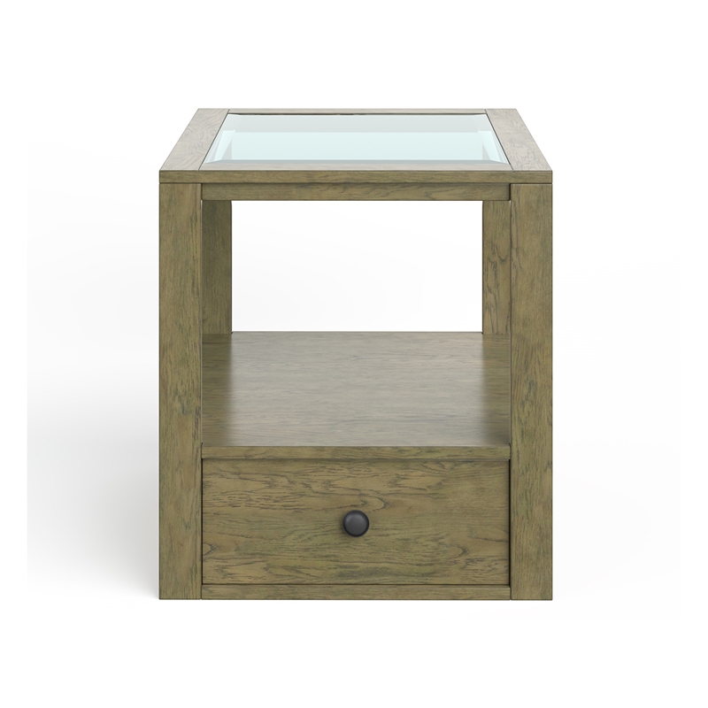 Bowery Hill Glass Top Rectangular End Table With Drawer in Warm Stone