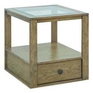 Bowery Hill Glass Top Rectangular End Table With Drawer in Warm Stone