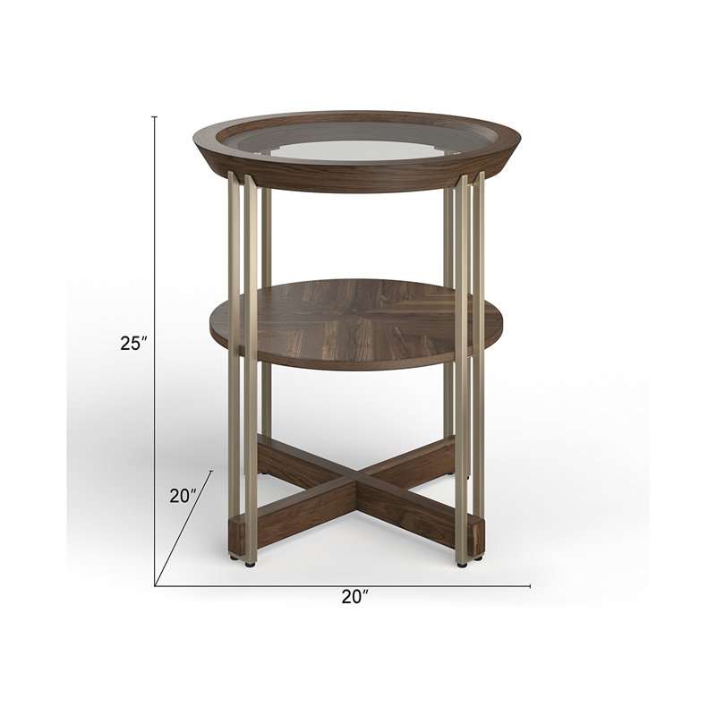 Bowery Hill Glass Top Round End Table in Walnut and Tarnished Silver
