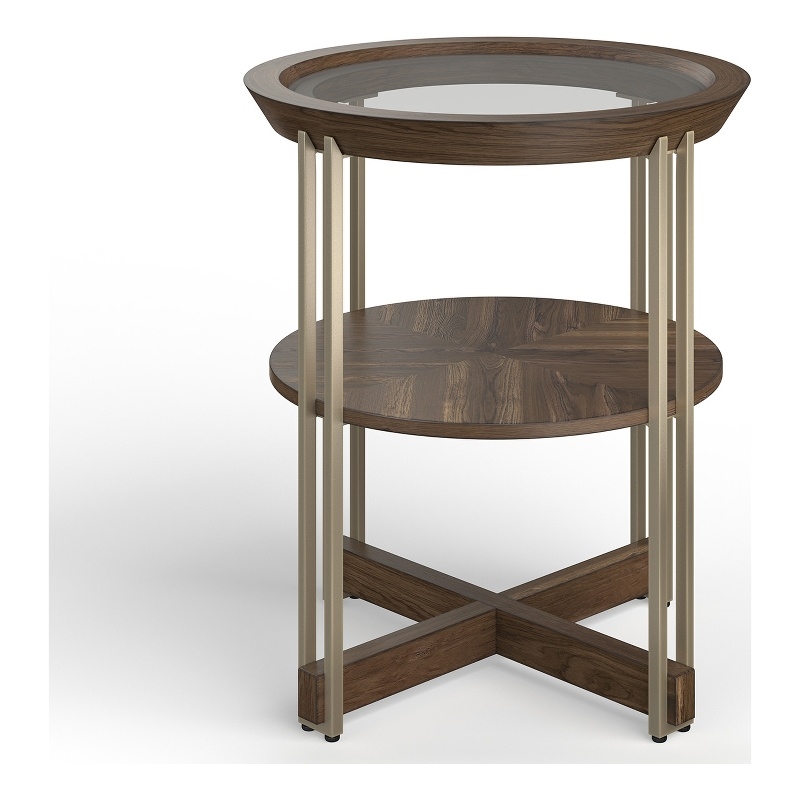 Bowery Hill Glass Top Round End Table in Walnut and Tarnished Silver