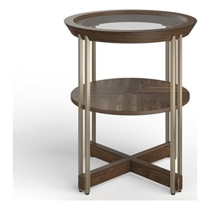 Bowery Hill Glass Top Round End Table in Walnut and Tarnished Silver