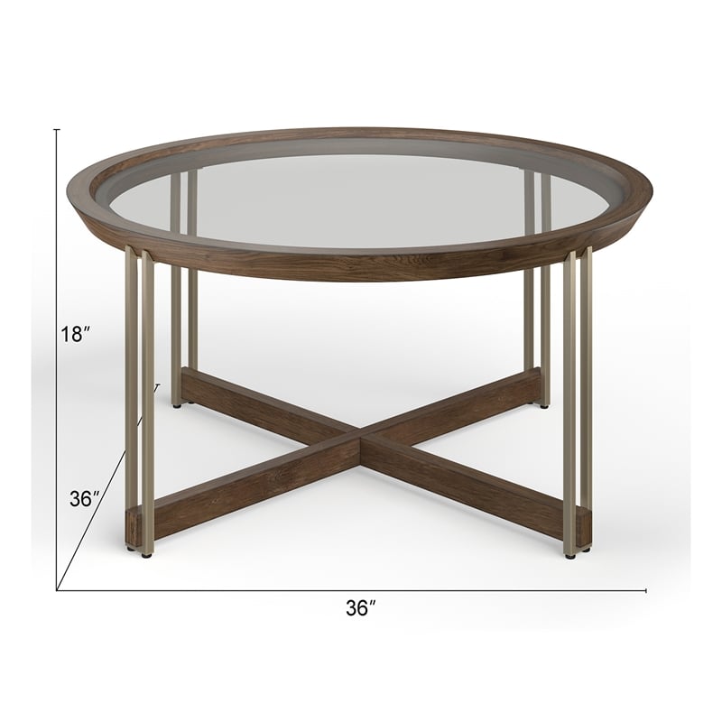 Bowery Hill Glass Top Round Cocktail Table in Walnut and Tarnished Silver