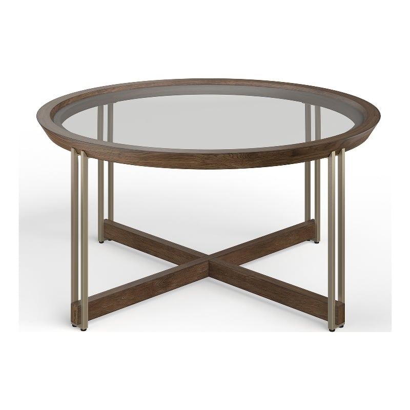 Bowery Hill Glass Top Round Cocktail Table in Walnut and Tarnished Silver