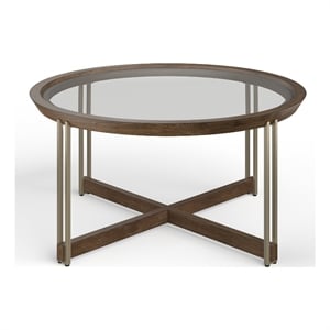 Bowery Hill Glass Top Round Cocktail Table in Walnut and Tarnished Silver