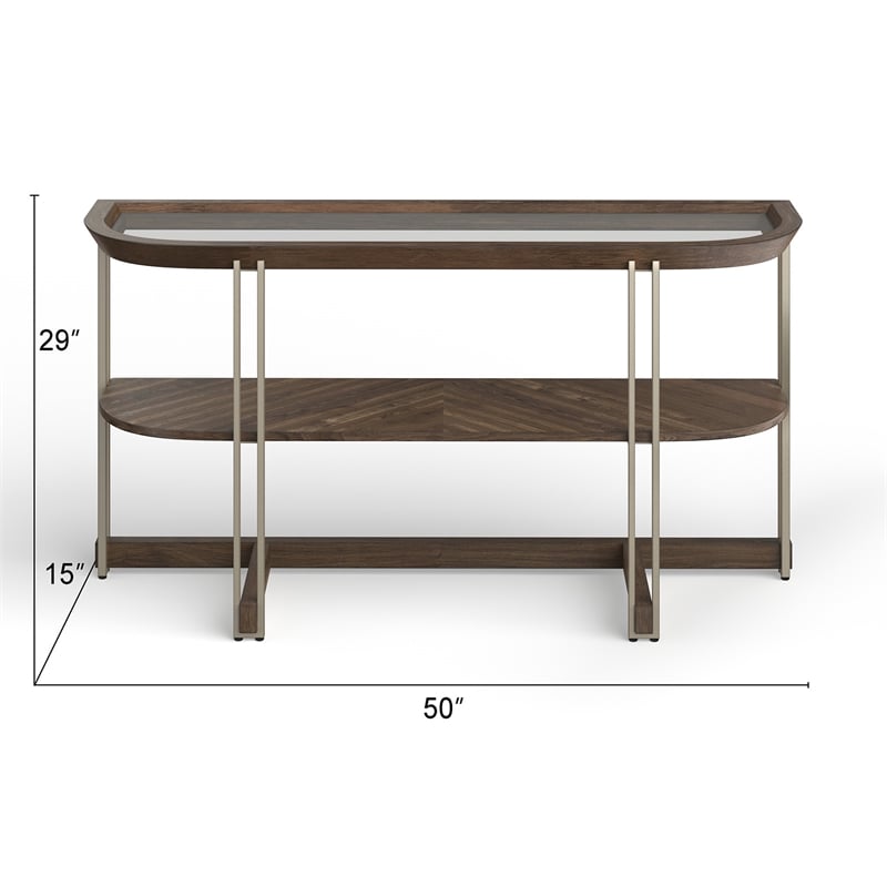 Bowery Hill Glass Top Demilune Sofa Table in Walnut and Tarnished Silver