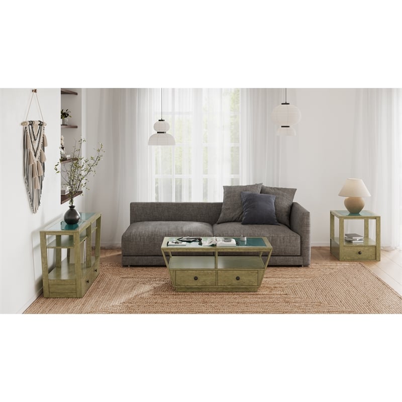 Bowery Hill Glass Top Demilune Sofa Table in Walnut and Tarnished Silver