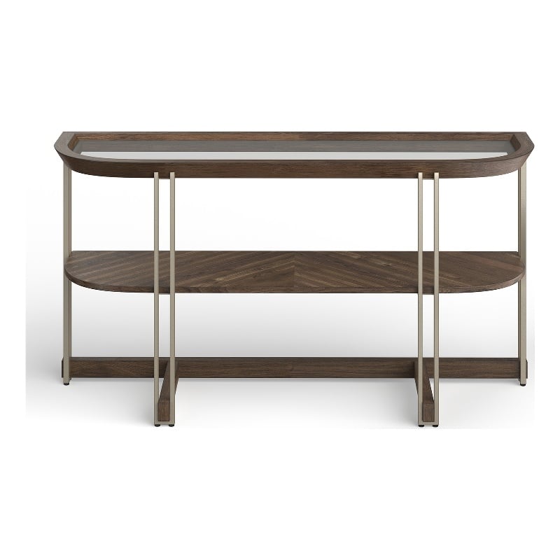 Bowery Hill Glass Top Demilune Sofa Table in Walnut and Tarnished Silver
