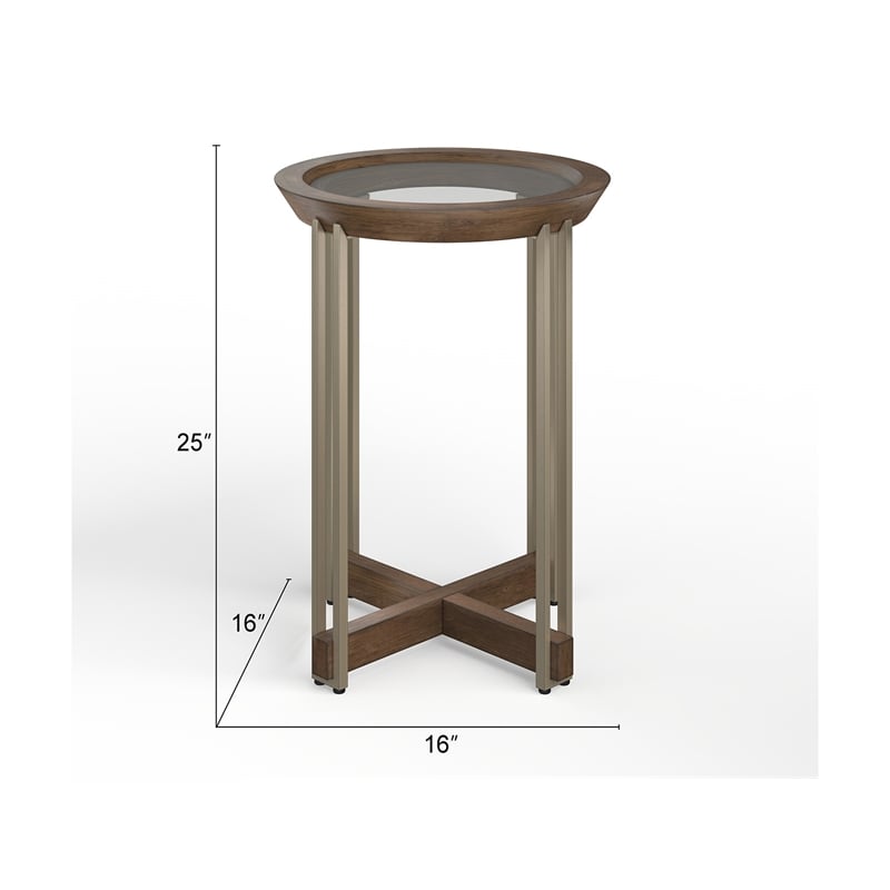 Bowery Hill Glass Top Round Accent Table in Walnut and Tarnished Silver