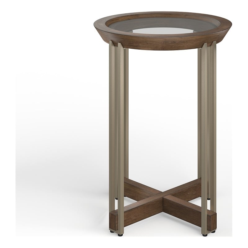 Bowery Hill Glass Top Round Accent Table in Walnut and Tarnished Silver