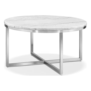 Bowery Hill White Marble Round Cocktail Table With Brushed Nickel Frame