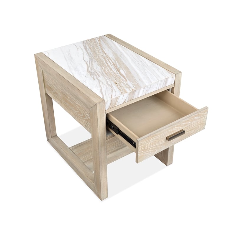 Bowery Hill Marble Top Rectangular End Table With Drawer in Gallery Buff