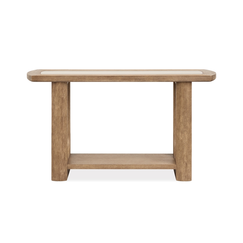 Bowery Hill Marble Top Rectangular Sofa Table With Shelf in Riverbed Beige