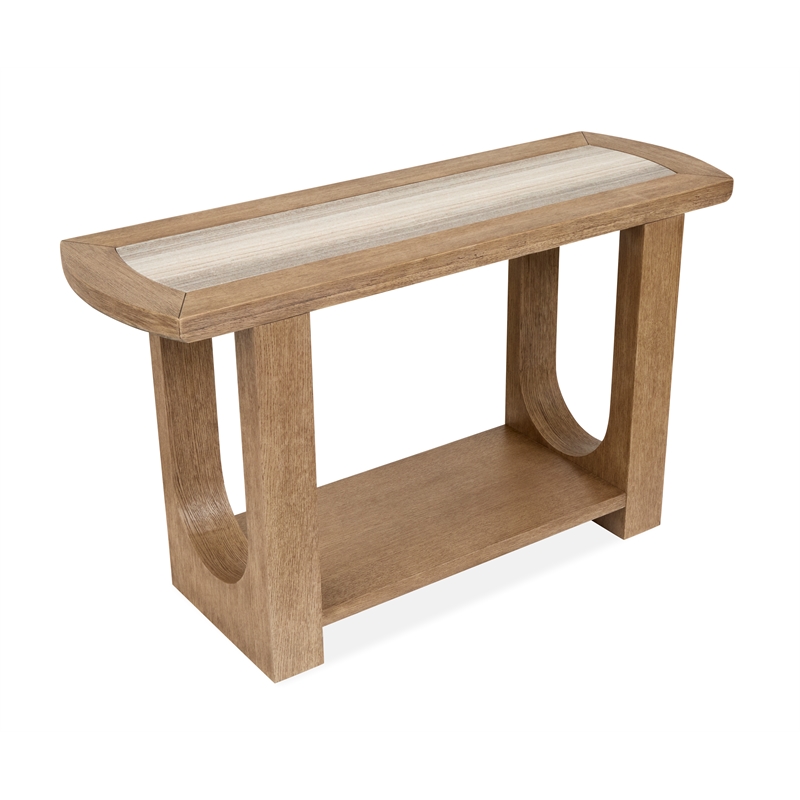 Bowery Hill Marble Top Rectangular Sofa Table With Shelf in Riverbed Beige