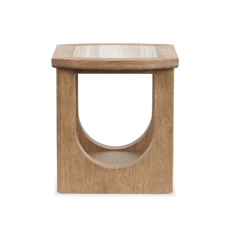 Bowery Hill Marble Top Rectangular End Table With Shelf in Riverbed Beige