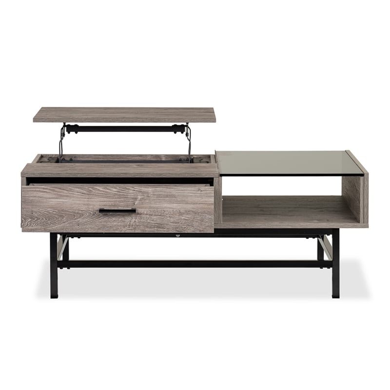 Bowery Hill Lift Top Cocktail Table With Glass and Drawer in Whitetail Brown