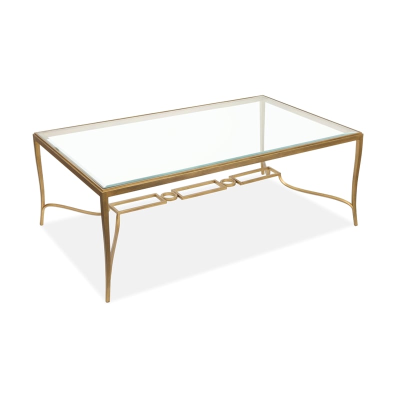 Bowery Hill Glass Top Rectangular Cocktail Table in Burnished Brass