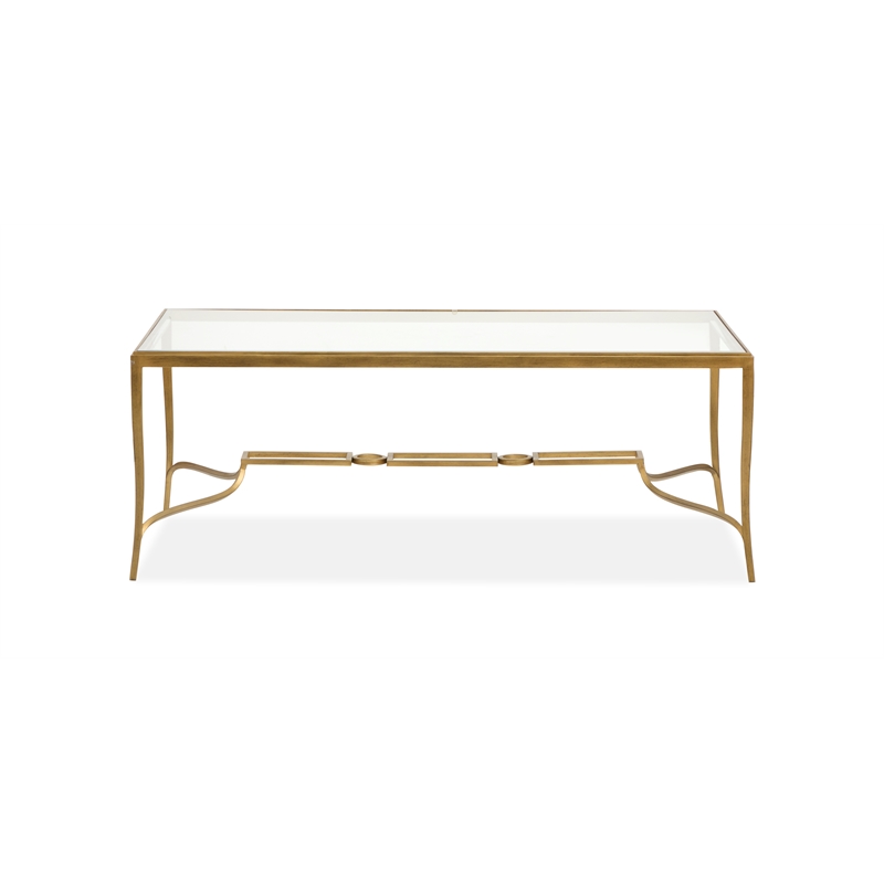 Bowery Hill Glass Top Rectangular Cocktail Table in Burnished Brass