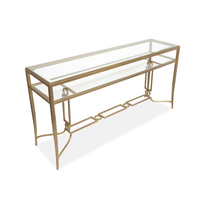 Bowery Hill Glass Top Rectangular Cocktail Table in Burnished Brass