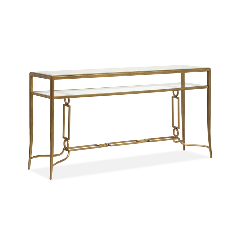 Bowery Hill Glass Top Rectangular Cocktail Table in Burnished Brass