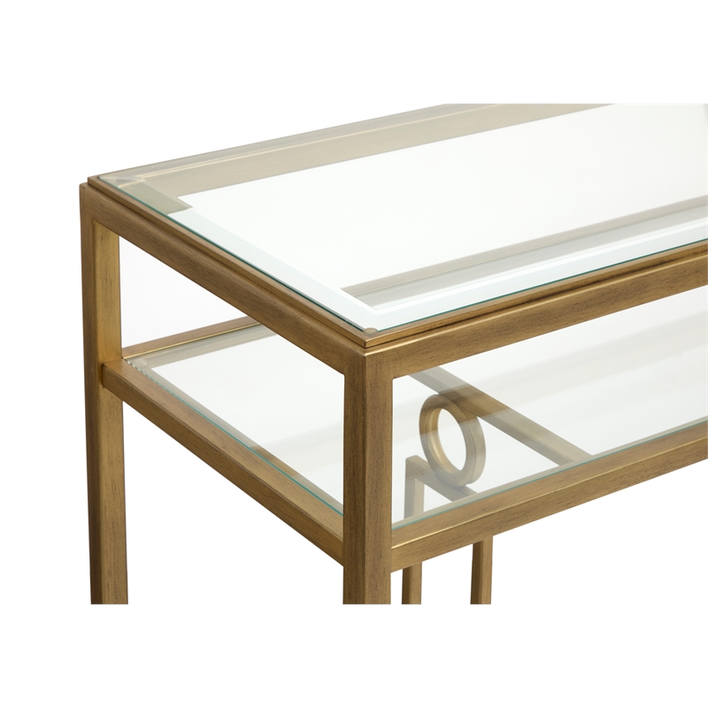 Bowery Hill Glass Top Rectangular Cocktail Table in Burnished Brass